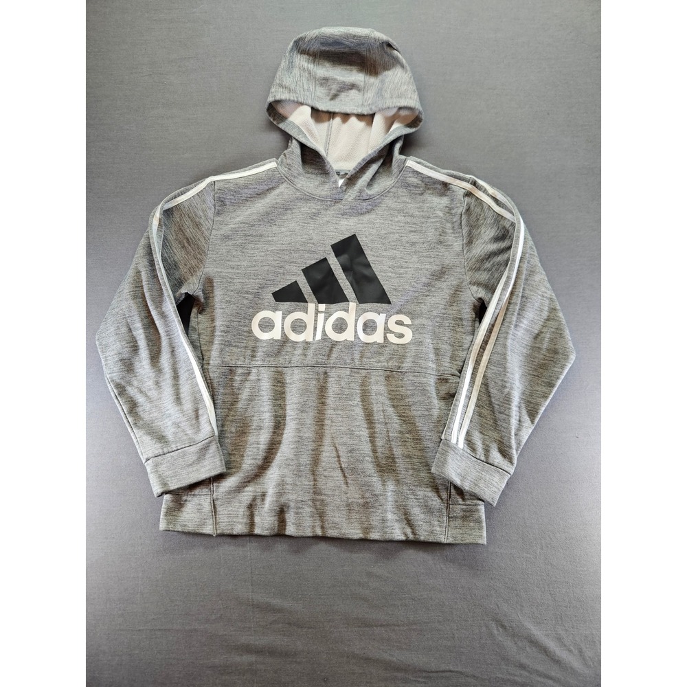 Adidas Boys Gray Heather Pullover Hoodie Badge of Sport Logo Size Large 14/16